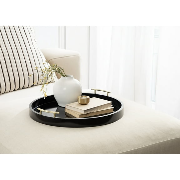 Kate And Laurel Lipton Modern Round Ottoman Tray, 22 Inch Diameter, Black and Gold, Decorative Circle Coffee Table Tray for Living Room Decor or Large Serving Tray