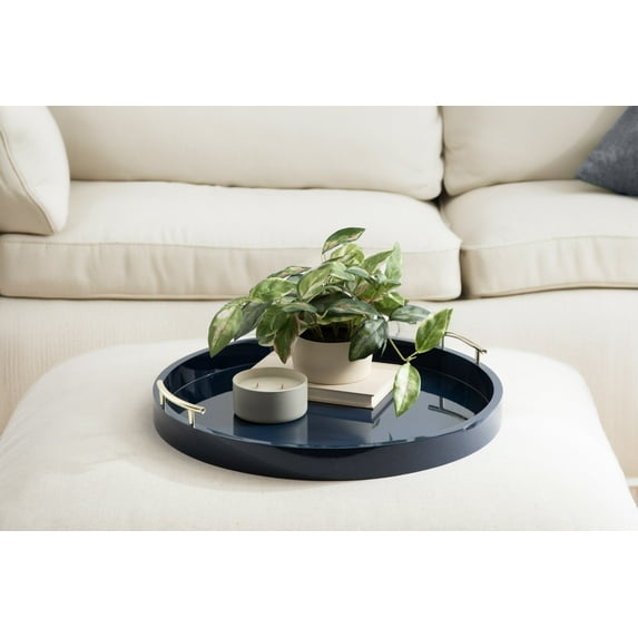 Kate And Laurel Lipton Modern Round Ottoman Tray, 22 Inch Diameter, Navy and Gold, Decorative Circle Coffee Table Tray for Living Room Decor or Large Serving Tray
