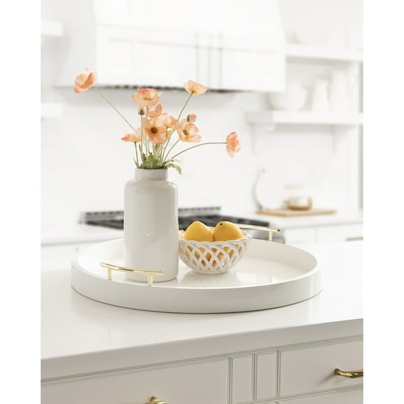 Kate And Laurel Lipton Modern Round Ottoman Tray, 22 Inch Diameter, White and Gold, Decorative Circle Coffee Table Tray for Living Room Decor or Large Serving Tray