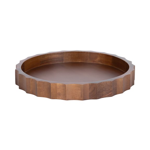 Kate and Laurel Lissi Decorative Round Tray with Wavy Design, 15 Inch Diameter, Walnut Brown, Mid-Century Modern Scalloped Circle Serving Tray for Coffee Table Ottoman, Dining Table, or Entryway Tray