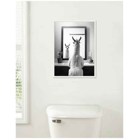 Kate and Laurel Llama Bathroom Art Mirror Black and White Framed Canvas Wall Art by The Creative Bunch Studio 18 x 24 Sylvie White, Black & White, Animals, Bathroom, Humor Art for Wall Decor, Living