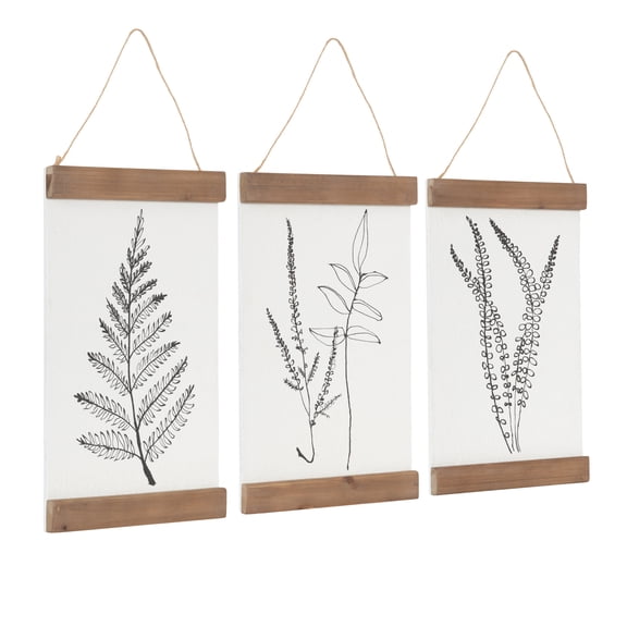 Kate and Laurel Lory Three-Piece Hanging Art Plaque Set, 12 x 24, Rustic Brown, Black, and White, Farmhouse Botanical Art Set with Textured Paper Material and Wood Headers for Nursery Decor