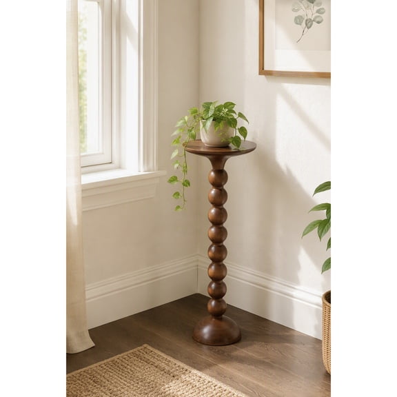 Kate and Laurel Lovey Modern Mango Wood Round Drink Table, 9 x 9 x 22, Walnut Brown, Circle Mini Table with Stacked Bubble Design for Use as Indoor Plant Stand or Cute Bathtub Table