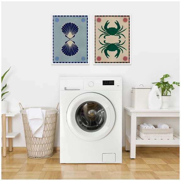 Kate and Laurel Lush Duo Seashells and Crabs Set of 2 18x24 Framed Canvas Wall Art Set by Shatha Al Dafai, Sylvie White, Coastal, Beach, Abstract, Animals, Beach Art for Wall Decor, Living Room