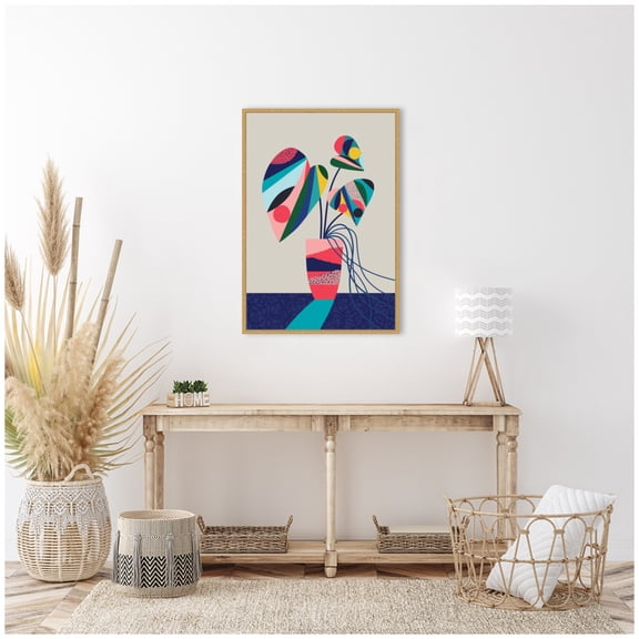 Kate and Laurel MCM Blue and Pink Monstera Framed Canvas Wall Art by Rachel Lee 23 x 33 Sylvie Bright Gold, Modern Contemporary, Abstract Art for Wall Decor, Living Room Bedroom