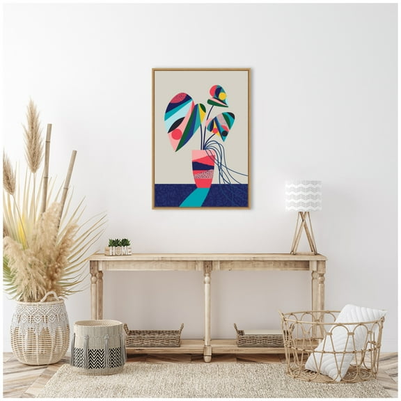 Kate and Laurel MCM Blue and Pink Monstera Framed Canvas Wall Art  by Rachel Lee 23 x 33 Sylvie Natural, Modern Contemporary, Abstract Art for Wall Decor, Living Room Bedroom