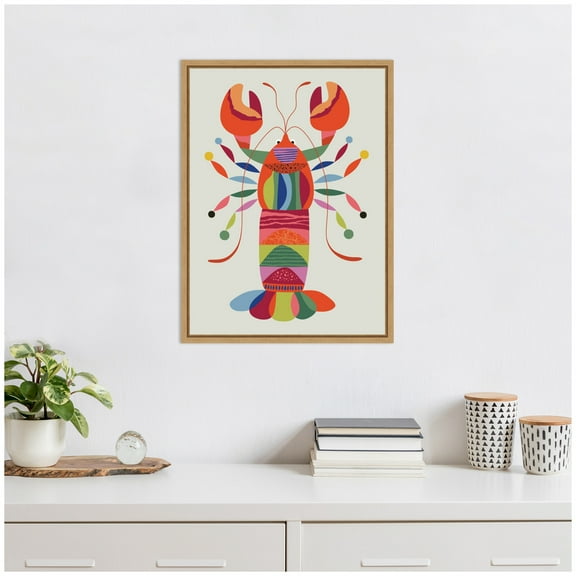 Kate and Laurel MCM Lobster Coastal Framed Canvas Wall Art by Rachel Lee 18 x 24 Sylvie Natural, Modern, Abstract, Beach Art for Wall Decor, Living Room, Bedroom