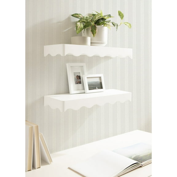 Kate and Laurel Maida Modern Decorative Wavy Wall Floating Shelves, Set of 2, 24 x 8, White, Functional Scalloped Kitchen and Bathroom Shelves for Above Toilet or Cute Dorm Room Bookshelves