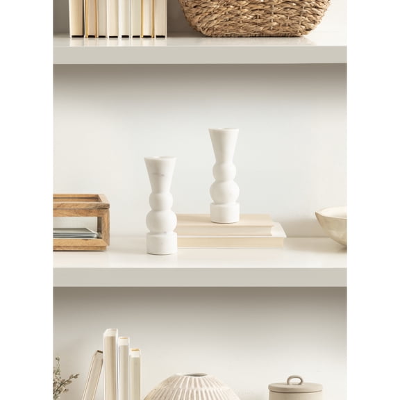 Kate and Laurel Maleea Modern Glam Two-Piece Marble Taper Candle Holder Set, Set of 2, White, Transitional Authentic Marble Candlestick Holders for Dining Table or Fireplace Mantel Display