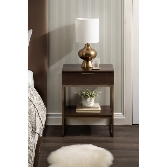 Kate and Laurel Malone Mid-Century Modern Mango Wood Side Table with Shelf, 18 x 13 x 24, Dark Brown and Antique Brass, Transitional Wooden End Table for Use as Bedroom Nightstand with Storage Shelf