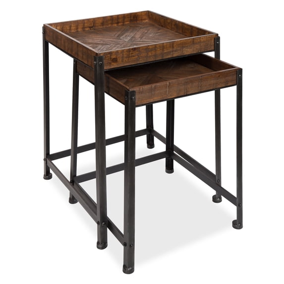 Kate and Laurel - Marsh 2-Piece Rustic-Modern Side Accent End Tables with Pieced Quilted Star Pattern Designed Wooden Tray Top and Distressed Black Metal Base
