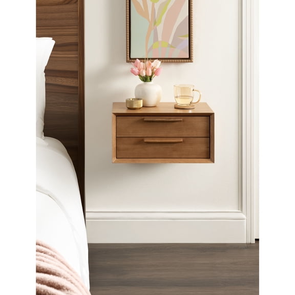Kate and Laurel McCutcheon Two-Drawer Floating Side Table, 16 x 12 x 8, Natural, Decorative Transitional Floating Shelf for Use as Bedroom Nightstand with Storage Cubbies