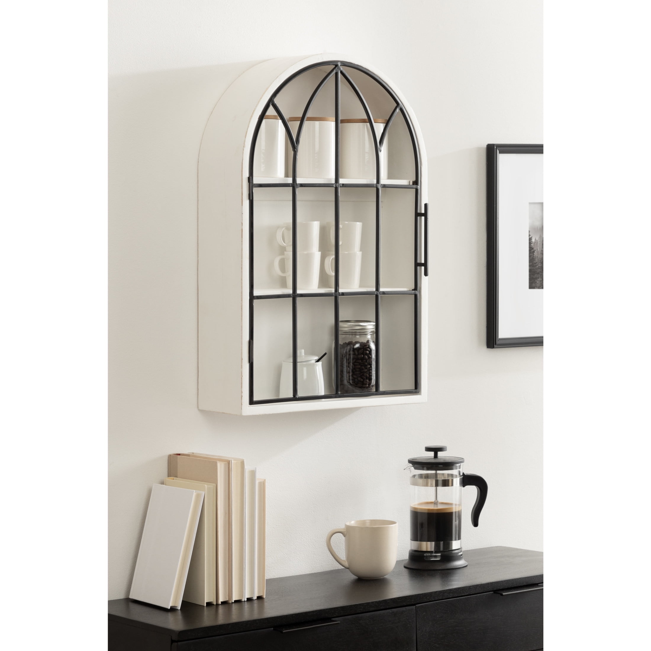 Arched White and Black Wood Floating Wall Cabinet