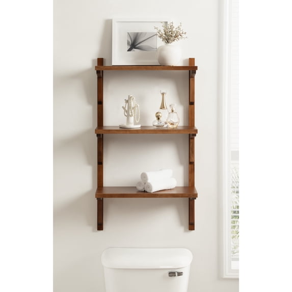 Kate and Laurel Meridien Modern Three-Tier Wooden Shelves, 18 x 9 x 32, Walnut Brown, Stunning Tiered Wall Shelf for Storage and Display as Cute Nursery Shelving or Over-the Toilet Storage