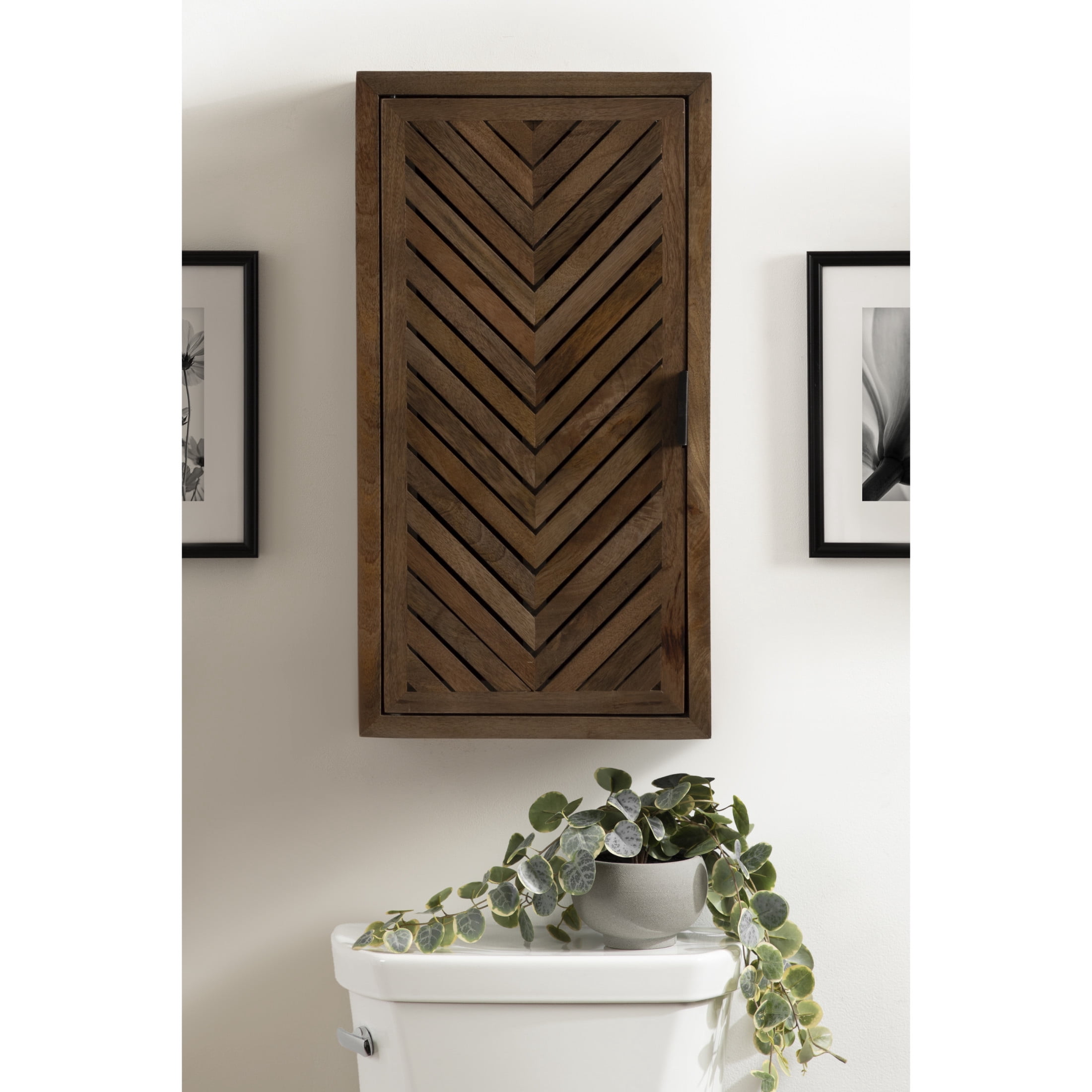 Kate and Laurel Mezzeta Decorative Modern One-Door Floating Bathroom Cabinet, 15 x 7 x 28, Brown, Decorative Over Toilet Storage Cabinet Made from Solid Mango Wood with Slatted Chevron Design