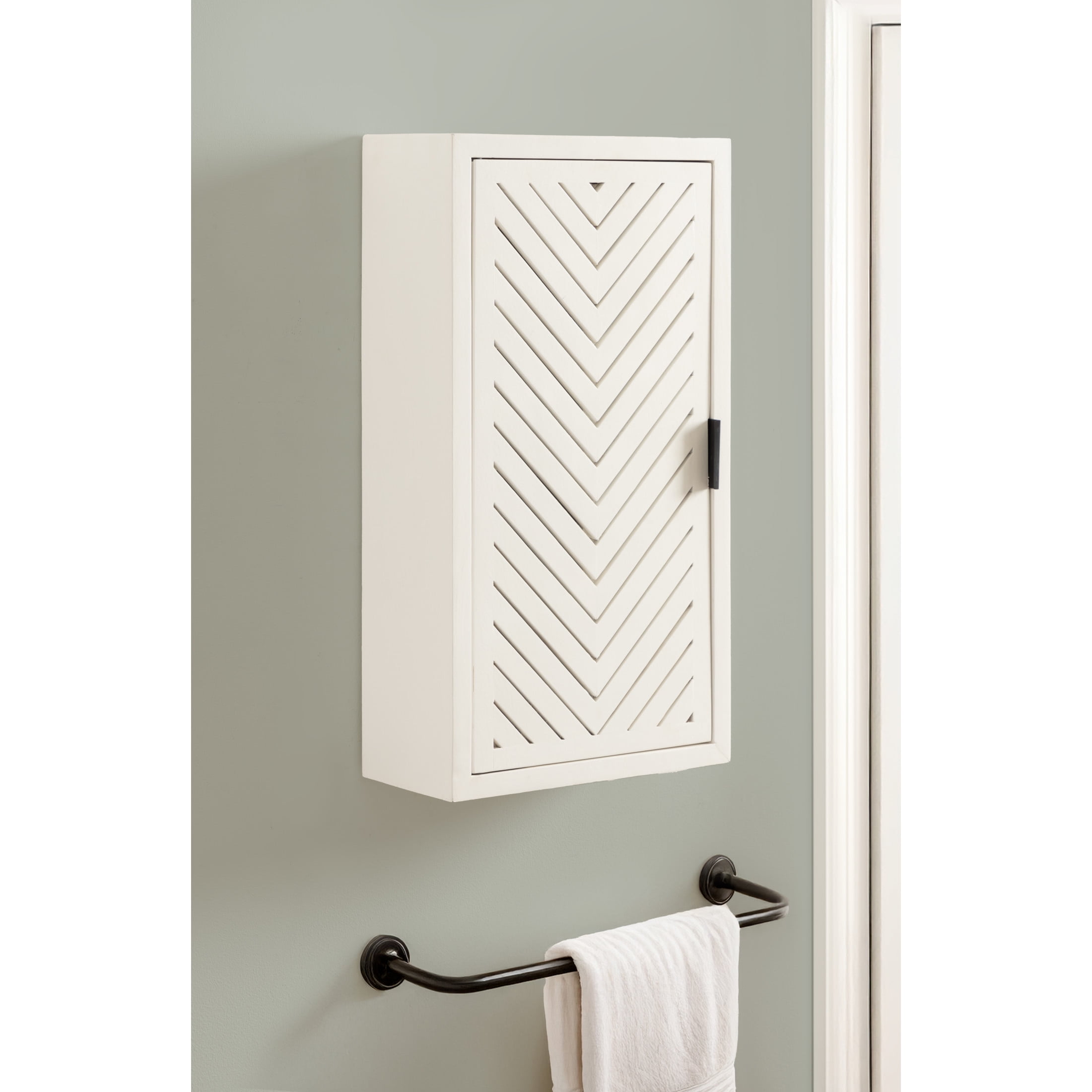 Kate and Laurel Mezzeta Decorative Modern One-Door Floating Bathroom Cabinet, 15 x 7 x 28, White, Decorative Over Toilet Storage Cabinet Made from Solid Mango Wood with Slatted Chevron Design