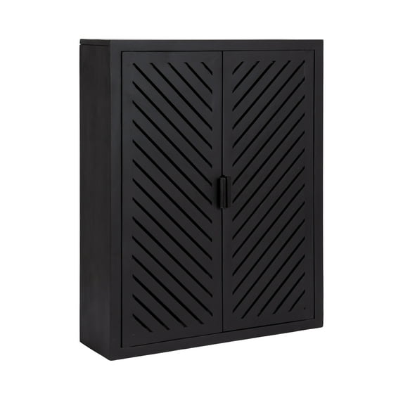 Kate and Laurel Mezzeta Decorative Modern Two-Door Floating Bathroom Cabinet, 22 x 7 x 28, Black, Decorative Over Toilet Storage Cabinet Made from Solid Mango Wood with Slatted Chevron Design