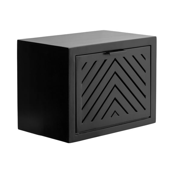 Kate and Laurel Mezzeta Modern Floating Shelf Side Table with Storage Cubby, 16 x 10 x 12, Black, Decorative Slatted Wood Floating Nightstand with Pull Down Door for Use as Bathroom Storage