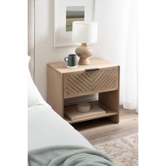 Kate and Laurel Mezzeta Modern Slatted Wood Side Table with Storage, 22 x 14 x 22, Light Natural, Transitional Chevron Mango Wood End Table with Bonus Shelf Below for Bedroom Nightstand