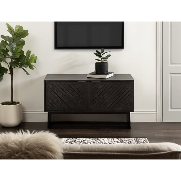 Kate and Laurel Mezzeta Modern Two-Door Chevron Slatted Wood Floor Media Cabinet, 38 x 15 x 22, Black, Transitional Low Living Room TV Stand for Use as Sideboard Buffet Cabinet or Record Player Stand