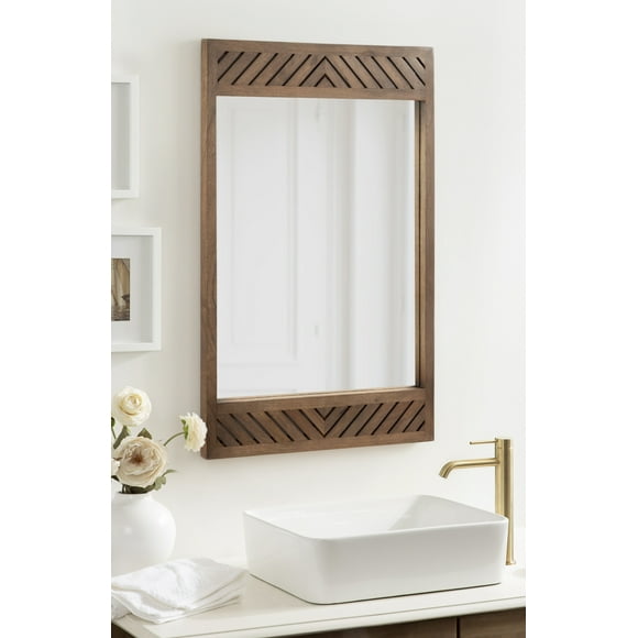 Kate and Laurel Mezzeta Modern Wooden Chevron Rectangle Wall Mirror, 24 x 36, Natural Wood, Transitional Herringbone Wood Mirror for Use as Vanity Bathroom Mirror or Rectangular Bedroom Mirror Option