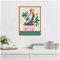 Kate and Laurel Mid Century Modern Giraffe in Bathtub Framed Canvas Wall Art  by Rachel Lee 18 x 24 Sylvie Natural, Whimsical, Animals, Bathroom, Kids, Nature Art for Wall Decor, Living Room, Bedroom