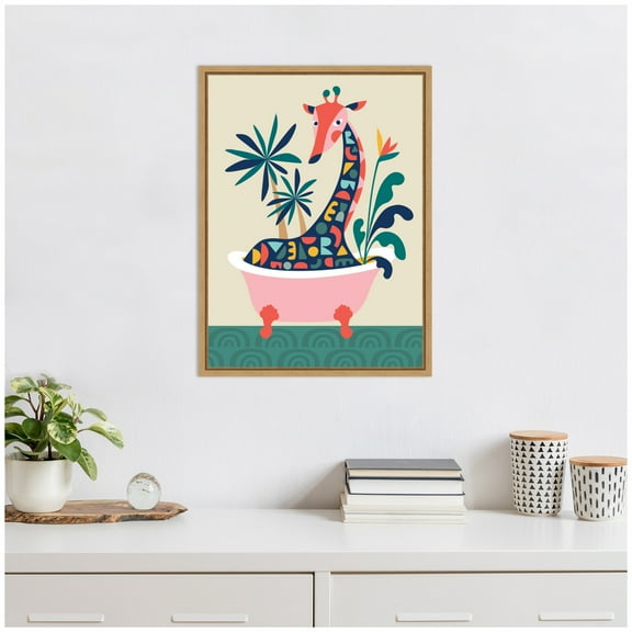 Kate and Laurel Mid Century Modern Giraffe in Bathtub Framed Canvas Wall Art  by Rachel Lee 18 x 24 Sylvie Natural, Whimsical, Animals, Bathroom, Kids, Nature Art for Wall Decor, Living Room, Bedroom