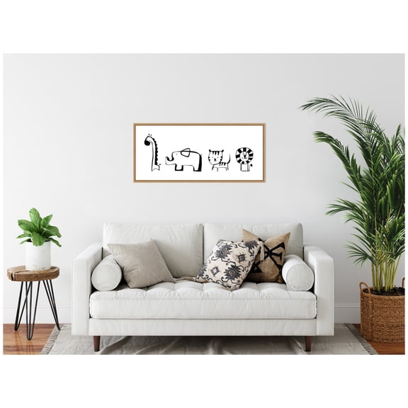 Kate and Laurel Minimalist Giraffe Elephant Tiger and Lion Sketch Framed Canvas Wall Art  by Teju Reval 40 x 18 Sylvie Natural, Whimsical, Animals Art for Wall Decor, Living Room Bedroom
