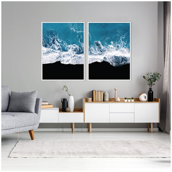 Kate and Laurel Minimalist Ocean Waves on Beach Set of 2 28x38 Framed Canvas Wall Art Set by Michael Schauer, Sylvie White, Coastal, Landscapes, Beach, Nature, Landscapes, Nature Art for Wall