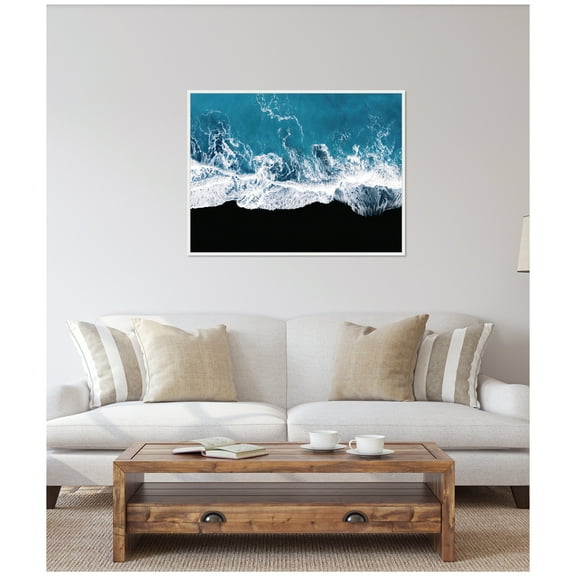 Kate and Laurel Minimalist Ocean Waves on the Black Beach in Iceland Framed Canvas Wall Art by Michael Schauer 42 x 32 Sylvie White, Coastal, Abstract, Nature, Beach Art for Wall Decor, Living Room,