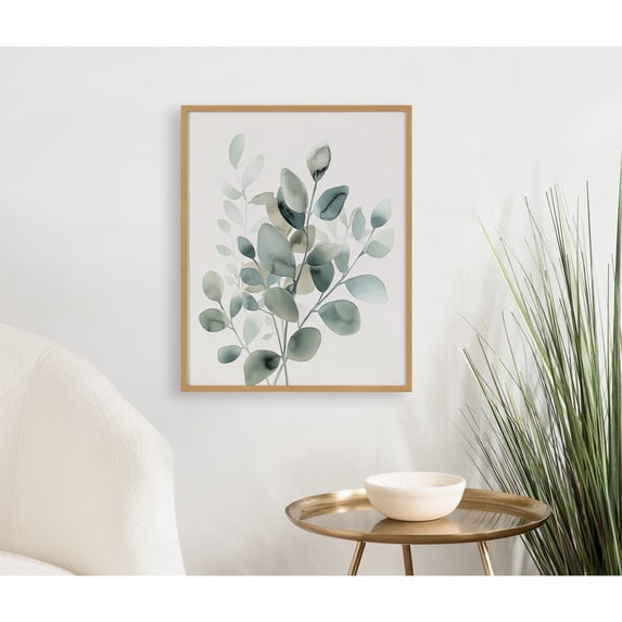 Kate and Laurel Modern Minimalist Botanical Watercolor in Muted Teal Framed Wall Art by The Creative Bunch Studio, 16x20 Gold, Soft Eucalyptus Plant Art for Wall