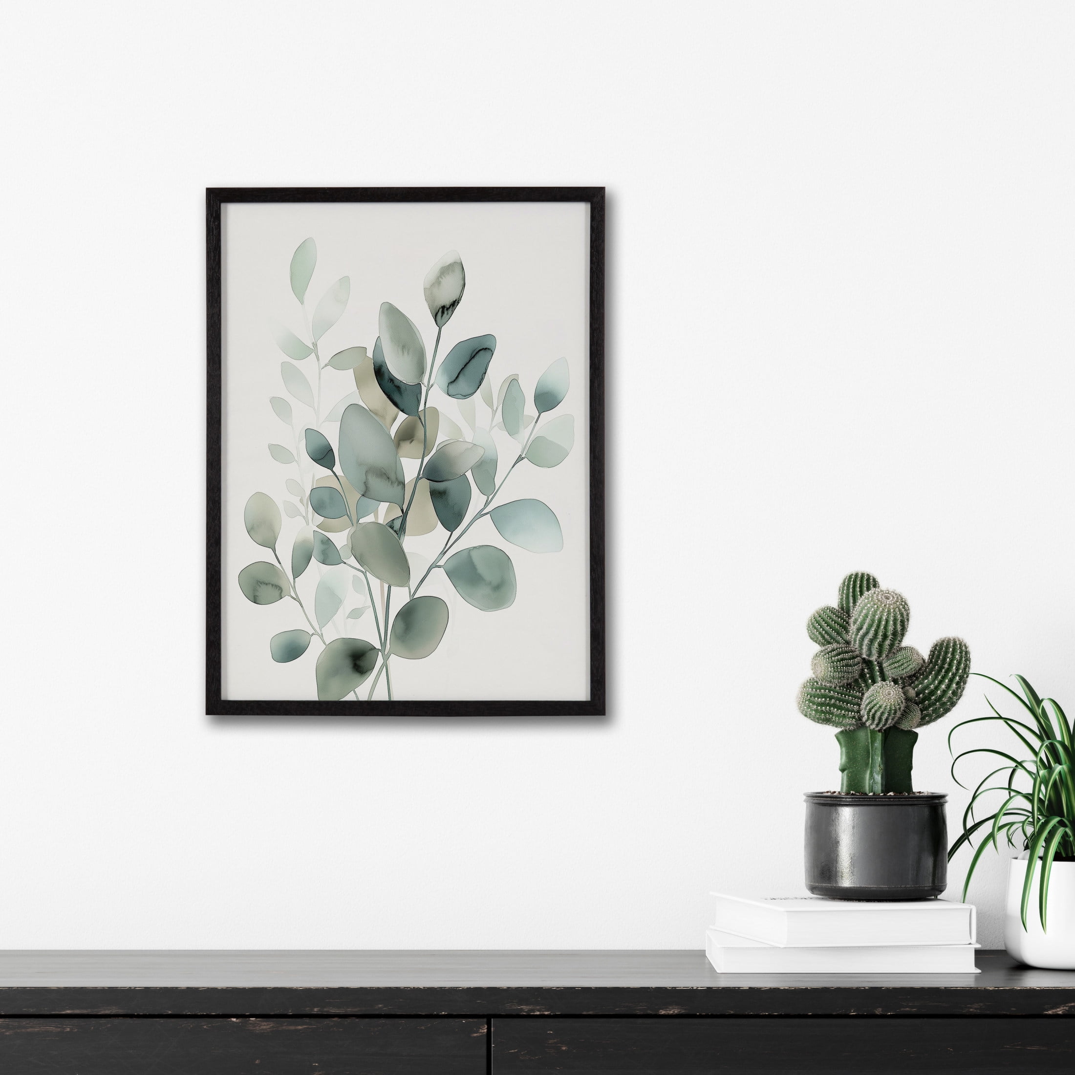 Muted Teal Botanical Watercolor Print in Black Frame, 12x16