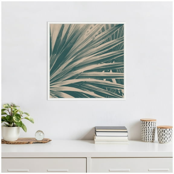 Kate and Laurel Modern Retro Teal Maximalist Palm Leaves Framed Canvas Wall Art  by Stephanie Klatt 22 x 22 Sylvie White,  Contemporary, Abstract, Nature, Tropical Art for Wall Decor, Living Room