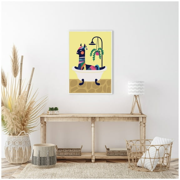 Kate and Laurel Modern Yellow Llama in Bathtub Framed Canvas Wall Art  by Rachel Lee 23 x 33 Sylvie White, Whimsical, Abstract, Animals, Bathroom Art for Wall Decor, Living Room Bedroom