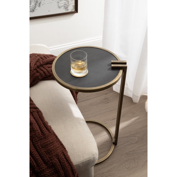 Kate and Laurel Monsanto Modern Vegan Leather Round C-Table, 15 x 14 x 28, Black and Antique Brass, Metal C-Shaped Side Table for Use as Living Room Decor Accent or Indoor Plant Stand