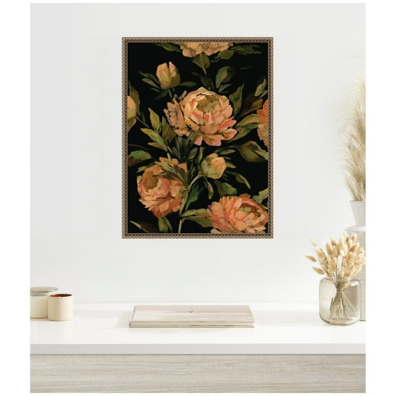 Kate and Laurel Moody Floral 3 Framed Canvas Wall Art by Annie Quigley 18 x 24 Sylvie Beaded Dark Gold, Traditional, Flowers Art for Wall Decor, Living Room, Bedroom