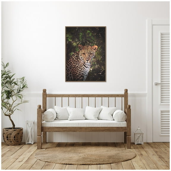 Kate and Laurel Moody Leopard In The Rainforest Color Framed Canvas Wall Art  by Tai Prints 28 x 38 Sylvie Beaded Dark Gold, Modern Contemporary, Animals, Nature, Landscapes Art for Wall Décor