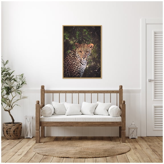 Kate and Laurel Moody Leopard In The Rainforest Color Framed Canvas Wall Art by Tai Prints 28 x 38 Sylvie Bright Gold, Modern Contemporary, Animals, Nature, Landscapes Art for Wall Decor, Living Room