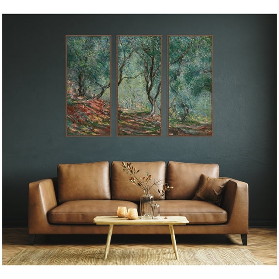 Kate and Laurel Moreno Garden Olive Trees Monet 3 Piece Framed Canvas Wall Art Set by Nostalgia Prints, Sylvie Walnut Modern Contemporary, Nature Art for Wall Decor