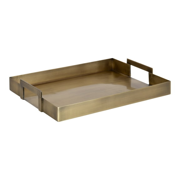 Kate and Laurel Myo Transitional Metal Rectangle Tray, 17 x 13, Brass, Modern Glam Rectangular Decorative Serving Tray with Handles for Storage, Display, and Decor