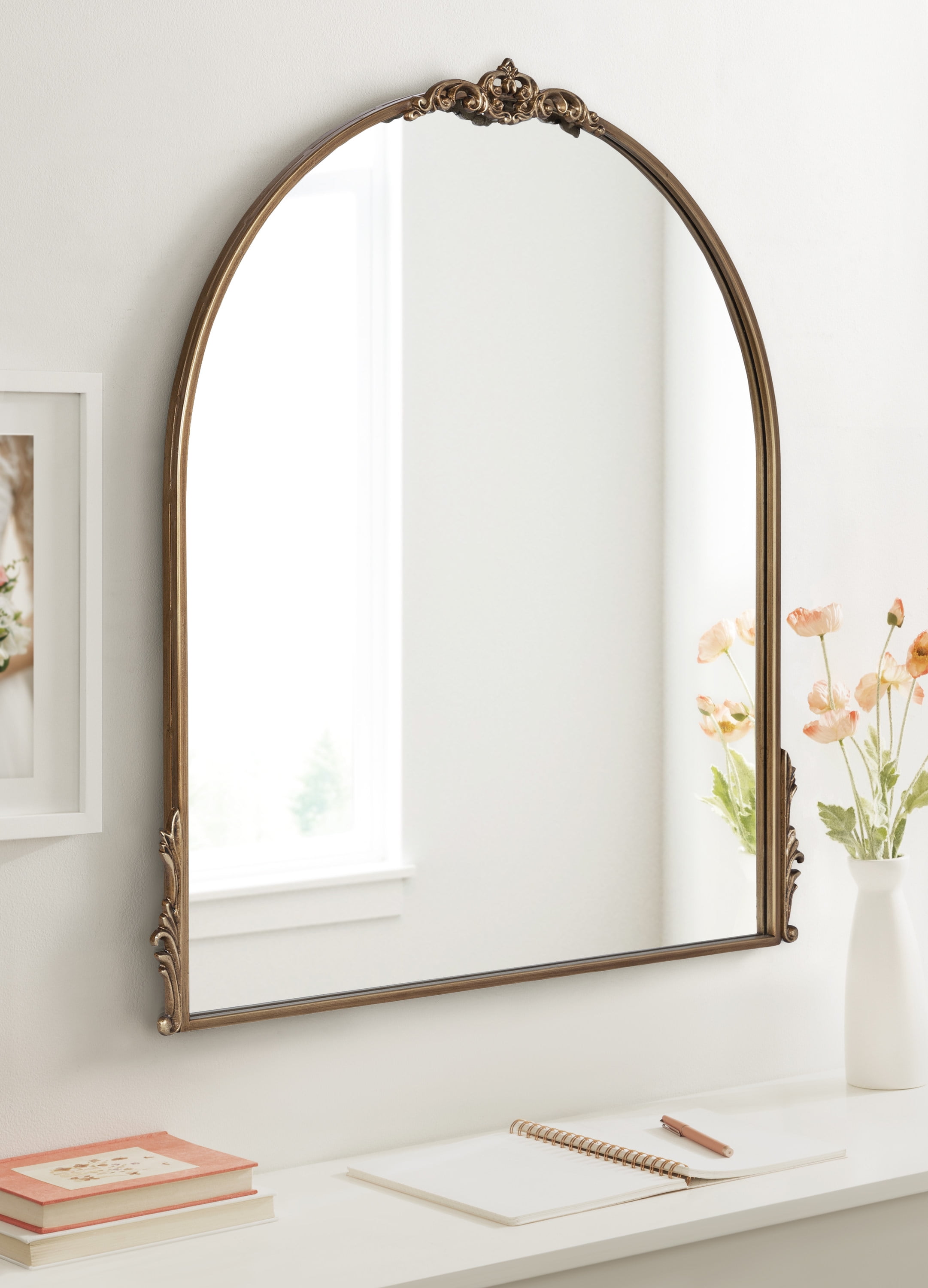 Myrcelle Antique Gold Arched Wall Mirror with Garland Details