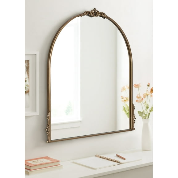 Kate and Laurel Myrcelle Traditional Arched Mirror, 30 x 32, Antique Gold, Decorative Large Vintage Arch Mirror with Ornate Garland Detailing along the Crown and Edges of the Frame