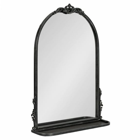 Kate and Laurel Myrcelle Traditional Arched Mirror with Shelf, 21 x 28, Antique Black, Vintage Arch Shelf Mirror with Ornate Garland Detailing along the Crown and Edges of the Frame