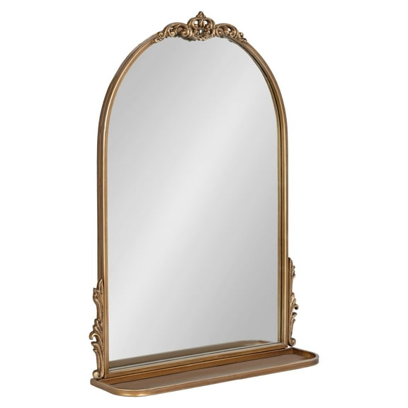 Kate and Laurel Myrcelle Traditional Arched Mirror with Shelf, 21 x 28, Antique Gold, Vintage Arch Shelf Mirror with Ornate Garland Detailing along the Crown and Edges of the Frame