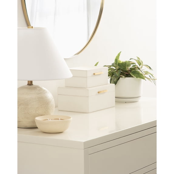 Kate and Laurel Namina Decorative Vegan Leather Storage Box Set of 2, 8 x 5 and 10 x 7, Ivory and Brass, Modern Glam Two-Piece Box Set with Handles for Use as Jewelry Boxes or Perfume Organizers