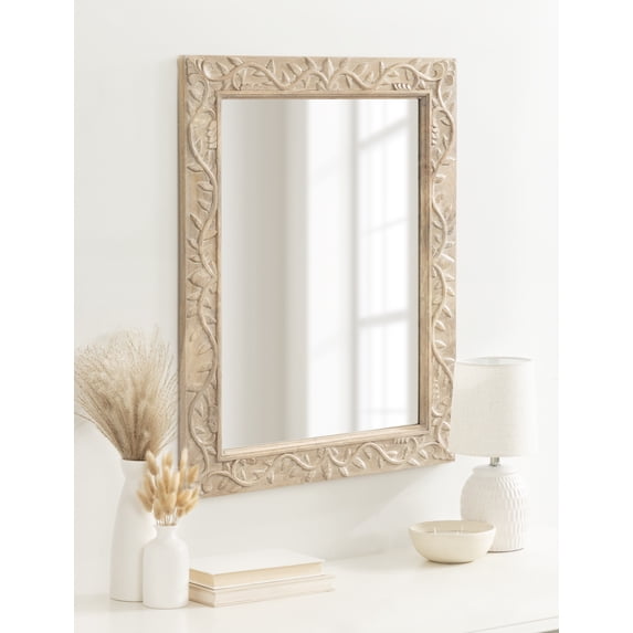 Kate and Laurel Natesa Boho Rectangle Carved Wood Mirror, 24 x 32, Natural Brown, Coastal Light Wooden Rectangular Mirror with Carved Detailing for Use as Bathroom Mirror for Vanity