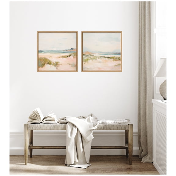 Kate and Laurel Natural Tranquil Landscape Square 2 Piece Framed Canvas Wall Art Set by Amy Lighthall, Sylvie Natural Coastal, Abstract Art for Wall Decor