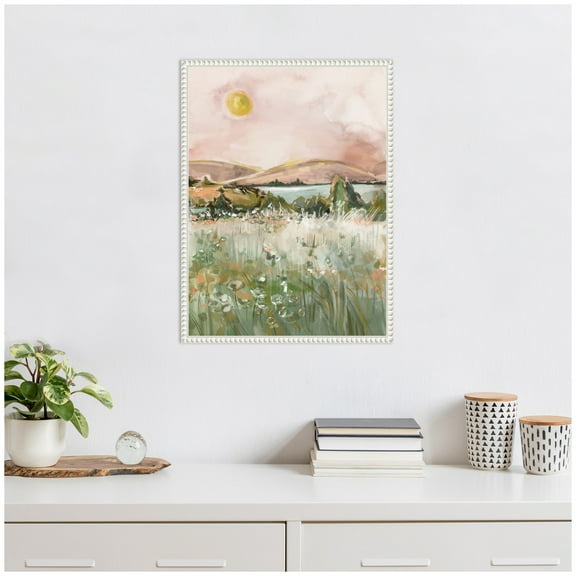 Kate and Laurel Neutral Landscape 02 Framed Canvas Wall Art by Annie Quigley 18 x 24 Sylvie Beaded White, Farmhouse, Landscapes, Nature Art for Wall Decor, Living Room, Bedroom
