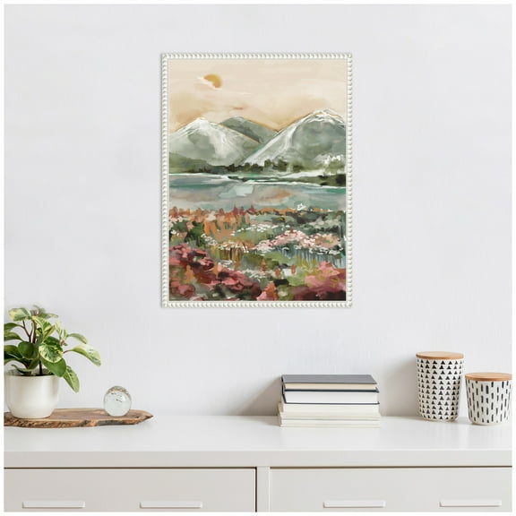 Kate and Laurel Neutral Landscape 03 Framed Canvas Wall Art by Annie Quigley 18 x 24 Sylvie Beaded White, Modern, Landscapes, Nature Art for Wall Decor, Living Room, Bedroom