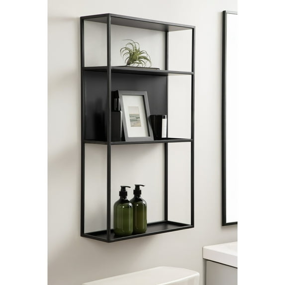 Kate and Laurel Nomi Modern Metal Bathroom Wall Shelf, 18 x 6 x 32, Black, Contemporary Sleek Tiered Metal Shelves for Wall Decor, Display, and Over-the-Toilet Storage